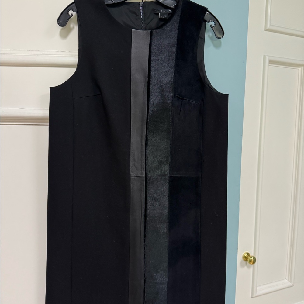 Theory Black Mini Dress with leather, suede and calf hair accents size 6